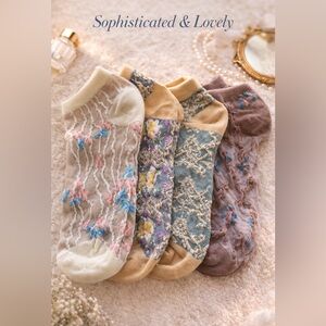 Cottagecore Floral Socks Sheer Knit Soft Girl Aesthetic Vintage Inspired 4 Pair